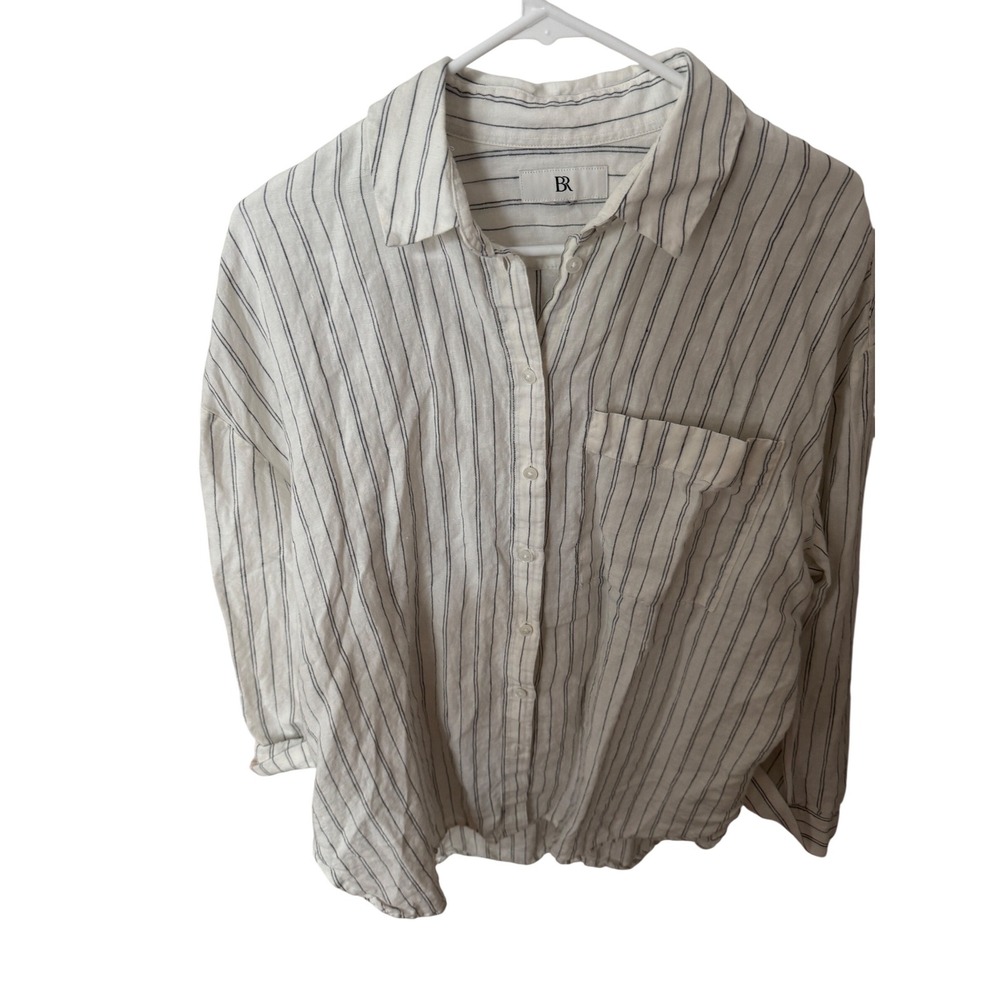 Banana Republic Womens White Navy Striped‎ Linen Button Down Shirt Oversized